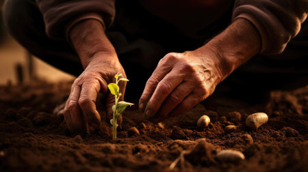 Hands of a man planting a plant in the groundの素材