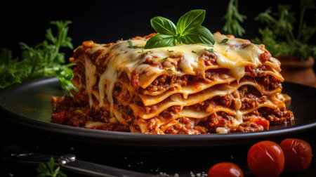 A portion of classic lasagna on a plateの素材