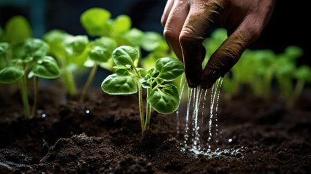 Hands of a man planting a plant in the groundの素材
