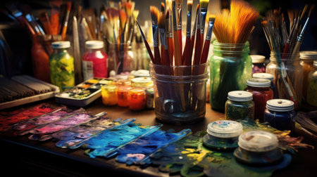 Paints and brushes of the artist on the tableの素材