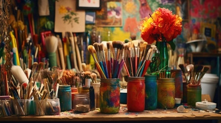 Paints and brushes of the artist on the tableの素材