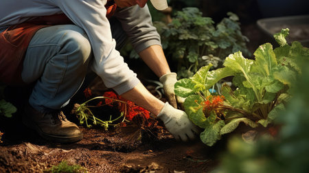 Hands of a man planting a plant in the groundの素材
