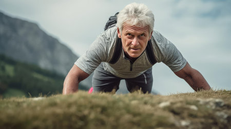 Senior man engaged in physical activity in natureの素材