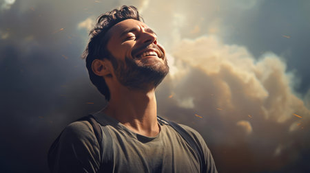 Man in ecstasy looking at the skyの素材