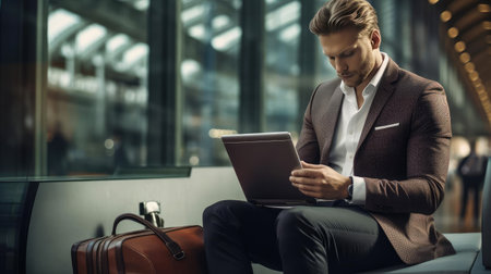 Businessman with laptop working in airport loungeの素材