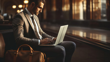 Businessman with laptop working in airport loungeの素材