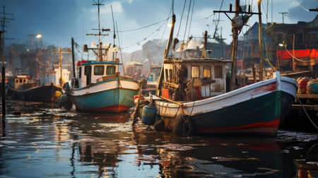 Boats on the water near the fishing villageの素材