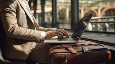 Businessman with laptop working in airport loungeの素材