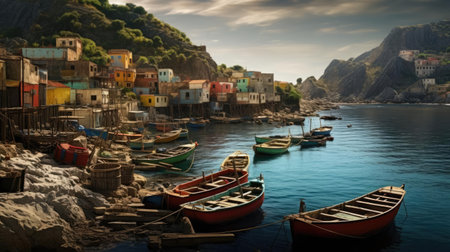 Boats on the water near the fishing villageの素材