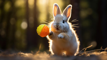 Curious rabbit playing with toysの素材