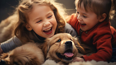 Baby playing with a puppyの素材