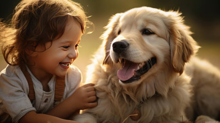 Baby playing with a puppyの素材