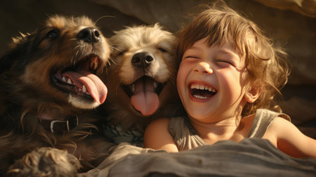 Baby playing with a puppyの素材