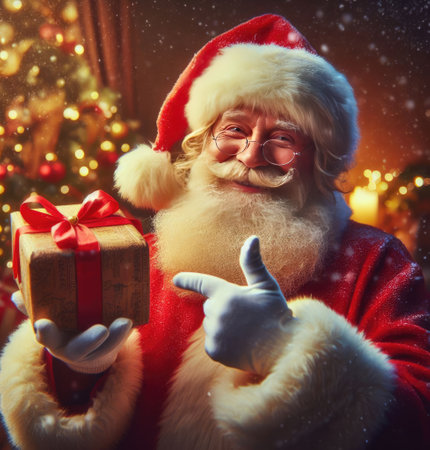 Santa Claus with gifts near the Christmas treeの素材