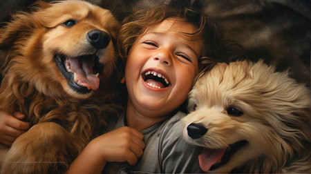 Baby playing with a puppyの素材