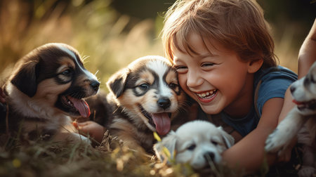 Baby playing with a puppyの素材