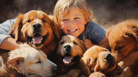Baby playing with a puppyの素材