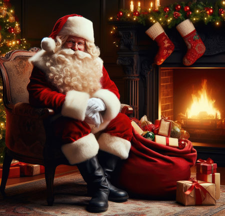 Santa Claus with gifts near the Christmas treeの素材