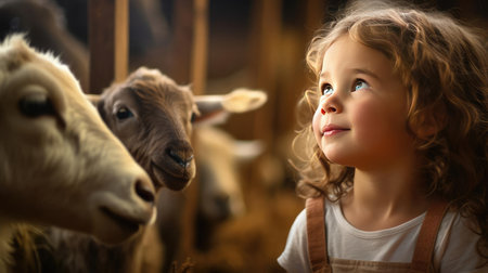 Child on farm next to livestockの素材