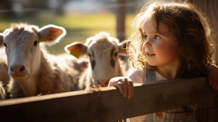 Child on farm next to livestockの素材