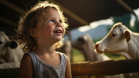 Child on farm next to livestockの素材