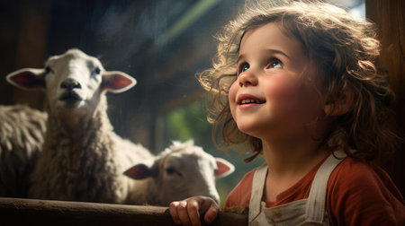 Child on farm next to livestockの素材