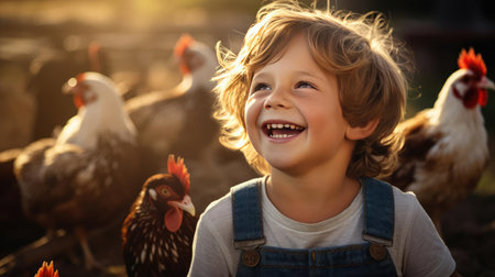 Child on farm next to livestockの素材