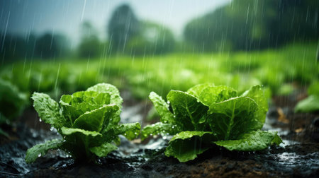 Rain watering plants in farmers fieldの素材