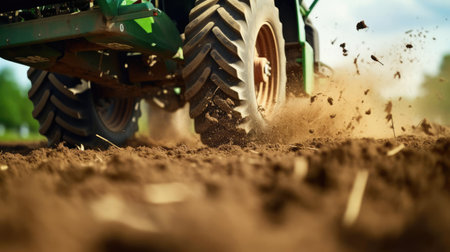 Agricultural tractor driving on field with planted plantsの素材