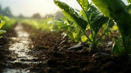 Rain watering plants in farmers fieldの素材
