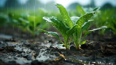 Rain watering plants in farmers fieldの素材