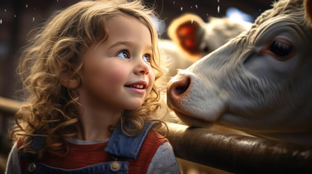 Child on farm next to livestockの素材