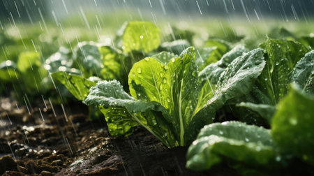 Rain watering plants in farmers fieldの素材
