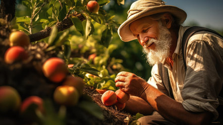 Elderly farmer harvesting cropsの素材