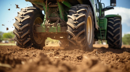 Agricultural tractor driving on field with planted plantsの素材