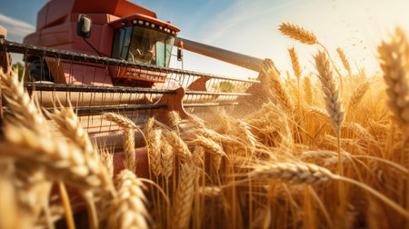 Harvester harvesting ripe grain in farmers fieldの素材