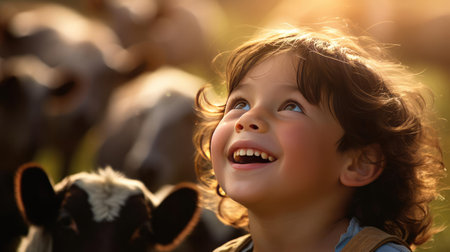 Child on farm next to livestockの素材