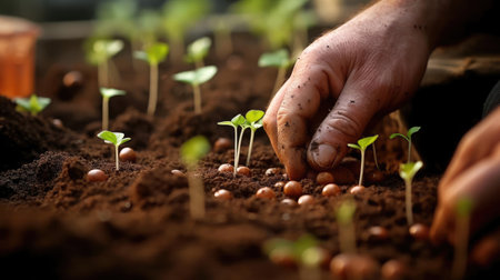 Hands of a man planting a plant in the groundの素材