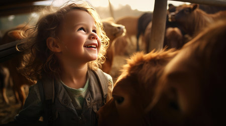 Child on farm next to livestockの素材
