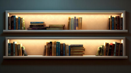 Bookcase with books and lightsの素材