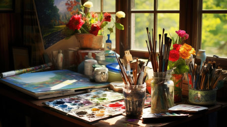 Artists table with brushes and paintsの素材