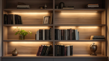 Bookcase with books and lightsの素材