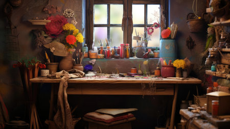 Artists table with brushes and paintsの素材