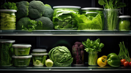 Lots of green food on the shelves of the fridgeの素材