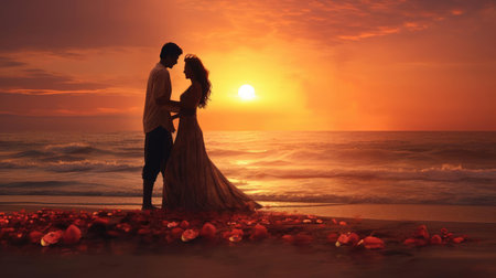 Young couple in love hugging near the sea at sunsetの素材