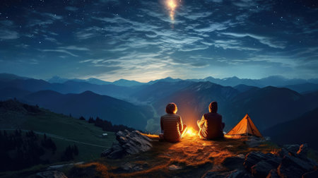 Young couple in love in the evening sitting near a tent in the mountainsの素材