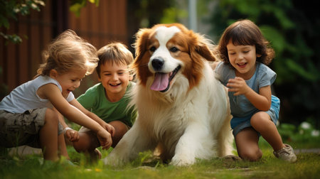 Kids playing with dog outdoorsの素材