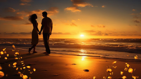 Young couple in love hugging near the sea at sunsetの素材