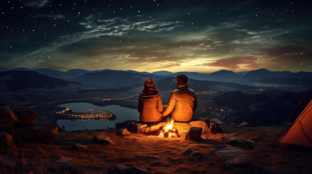 Young couple in love in the evening sitting near a tent in the mountainsの素材