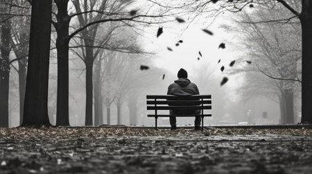 Lonely man sitting on benchの素材